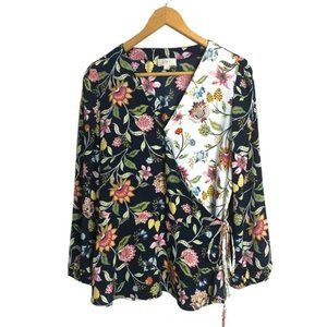 Loft Floral Wrap Blouse Medium Two Tone Long Elastic Cuff Sleeves